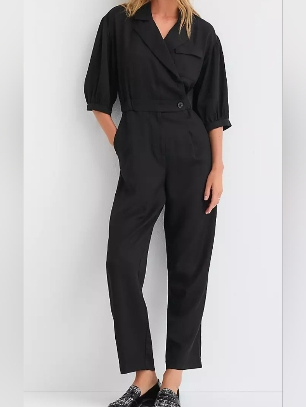 LOFT Black Notched-Collar Tailored Jumpsuit